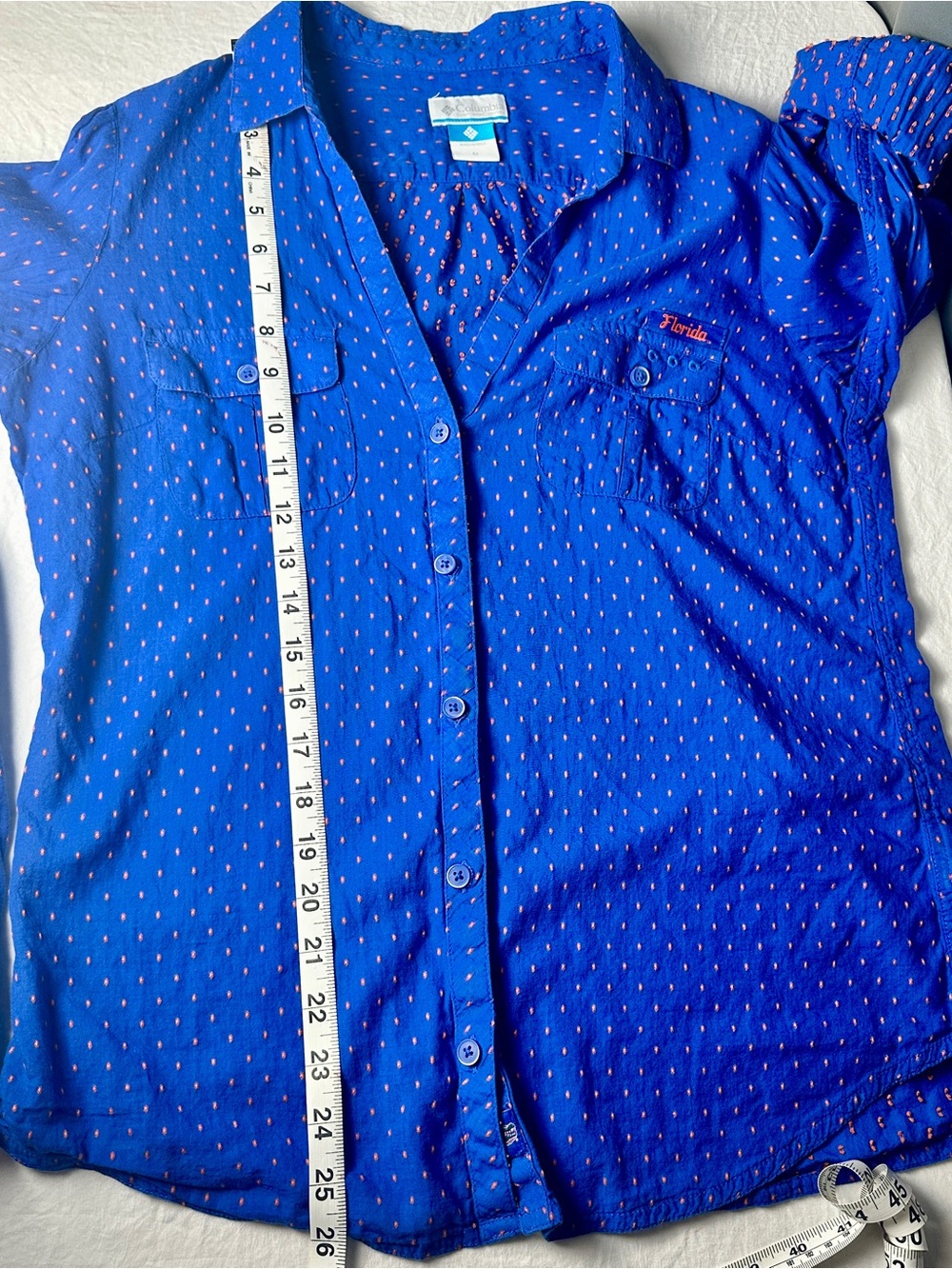 Women's Royal Blue Button-Down Shirt with Subtle Dot Print - Picture 9 of 10